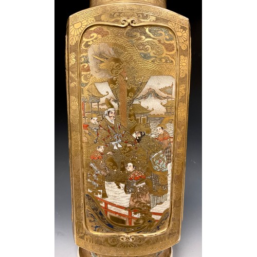 417 - A Japanese satsuma squared cylindrical vase, ornately decorated with panels of figures, finely picke... 