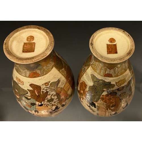 429 - A pair of Japanese Satsuma baluster vases, decorated with panels of Samurai and ladies within typica... 