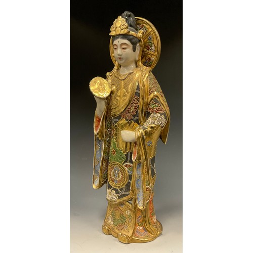 416 - A Japanese Satsuma Kannon or ‘Guanyin’ figure, polychrome decoration ornately picked in gilt, 48cm h... 