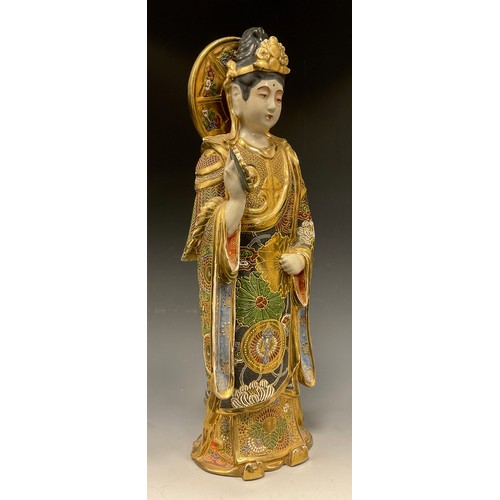 416 - A Japanese Satsuma Kannon or ‘Guanyin’ figure, polychrome decoration ornately picked in gilt, 48cm h... 