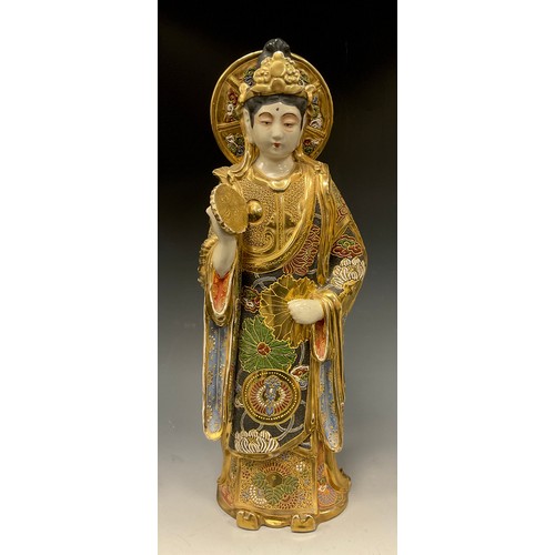 416 - A Japanese Satsuma Kannon or ‘Guanyin’ figure, polychrome decoration ornately picked in gilt, 48cm h... 