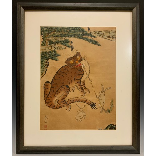 400 - A 19th century Korean Joseon period (1392-1897) Minhwa painting,  Folk Art painting, of a Tiger seat... 