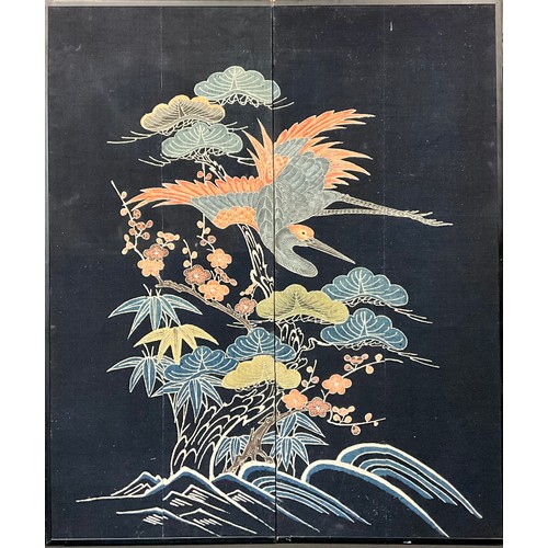 414 - A Japanese Tsutsugaki painted fabric and paper two section folding modesty screen, decorated with a ... 