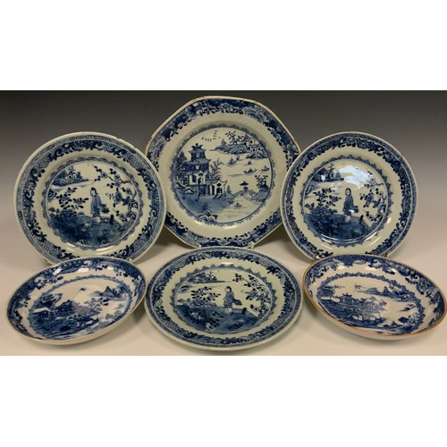 433 - An 18th century Chinese octagonal blue and white plate, painted with traditional landscape, boats an... 