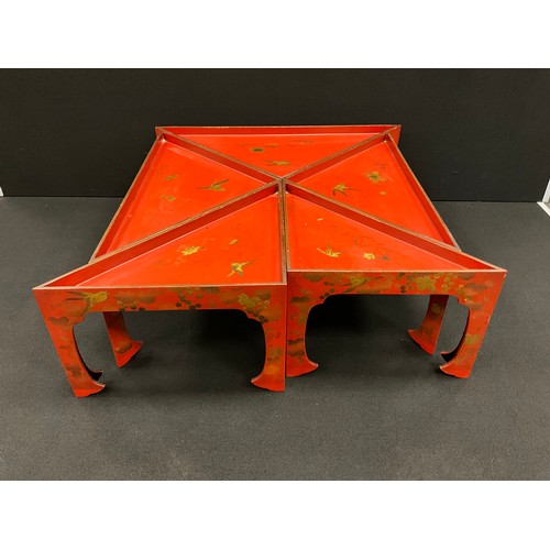 441 - A nest of five Japanese red-lacquered corner or stacking tables, with gilded decoration of birds amo... 