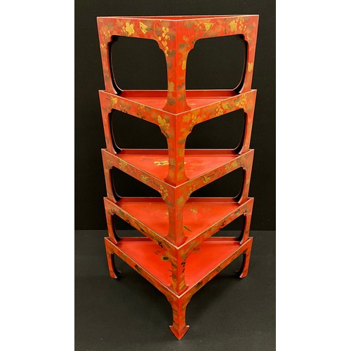 441 - A nest of five Japanese red-lacquered corner or stacking tables, with gilded decoration of birds amo... 