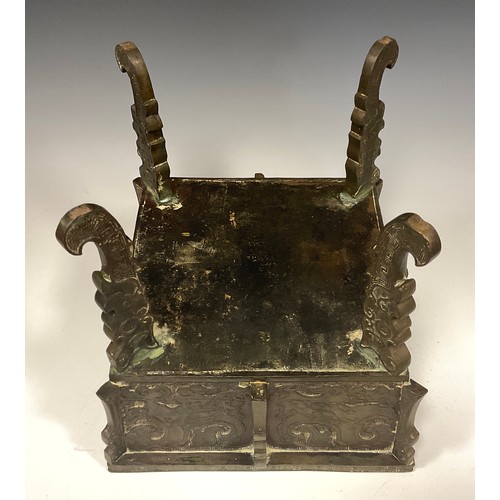 435 - A 19th century Chinese Archaic style bronze censer of square form, relief decorated with cresting wa... 