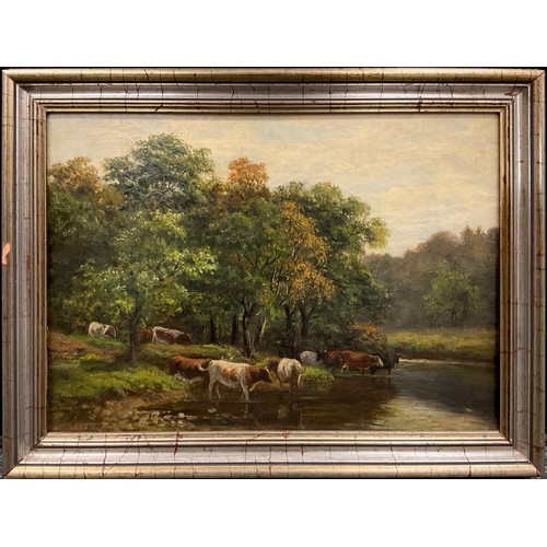 492 - Dixon Clark, On the River Wear, Cattle Watering, signed, oil on canvas, 25.5cm x 35.5cm.