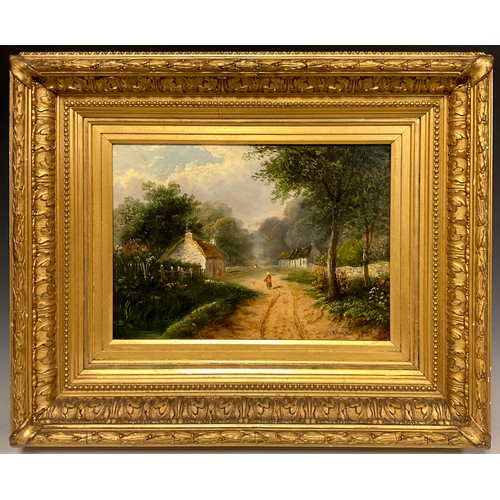 464 - D. Haire (Irish, late 19th century), 'Thatched Cottage', with a figure in a country lane, oil on can... 