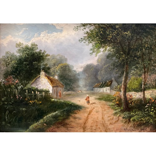 464 - D. Haire (Irish, late 19th century), 'Thatched Cottage', with a figure in a country lane, oil on can... 