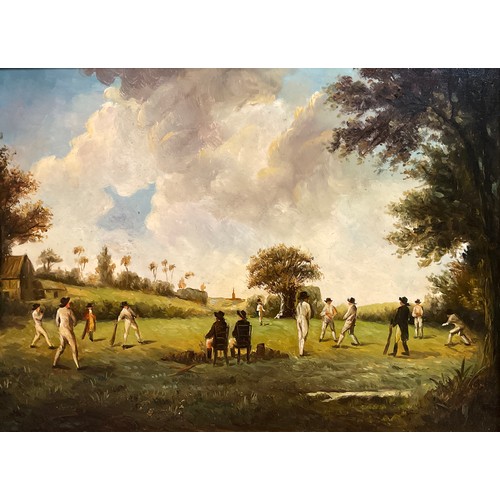 498 - English school (20th century), ‘A Match at Hambledon 1777, the cradle of Cricket’, oil on panel, 31c... 