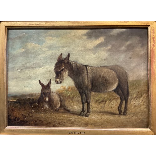 496 - Edward Robert Smythe (British, 1810-1899), A Pair, Donkey with foal, and Donkey with companion, oils... 