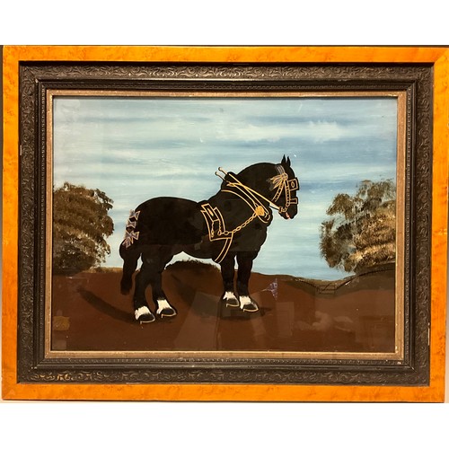 482 - A Victorian reverse painted glass panel, Shire Horse, 45c, x 60cm, ornate frame.