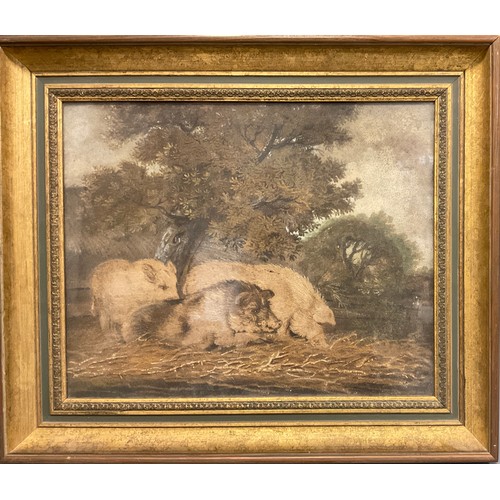 487 - Attributed to Benjamin Zoebel (1762-1830) 19th century sand picture, Wild Boar Family, unsigned, 31c... 