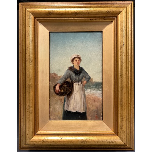 478 - English School, 19th century, three quarter length portrait, Fisher Girl stood on the Beach Holding ... 