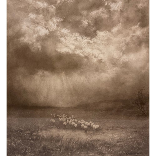 477 - Edward Kington Brice, R.B.S.A. (1860-1948), Sheep in a field after rain, signed, grisaille watercolo... 