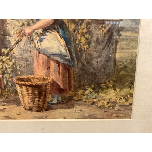 578 - S. F. Hewitt, (Victorian School), 
‘Harvesting the Hops’, 
signed, watercolour, 22.5cm x 28.5cm.