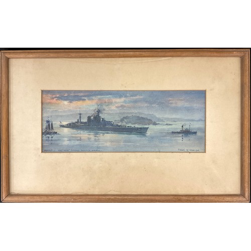 480 - Frank W Wood (British, 1862-1953) 
HMS Hood entering Plymouth Harbour 
signed, titled, watercolour, ... 