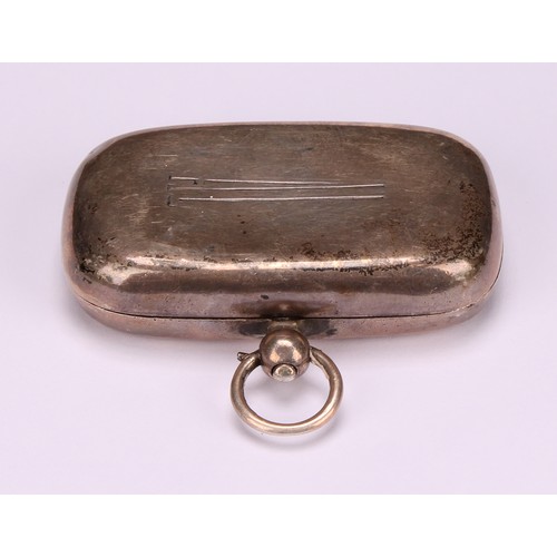 99 - An Edwardian silver rounded rectangular two-section sovereign case, hinged cover enclosing sprung pr... 