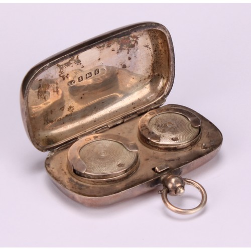 99 - An Edwardian silver rounded rectangular two-section sovereign case, hinged cover enclosing sprung pr... 