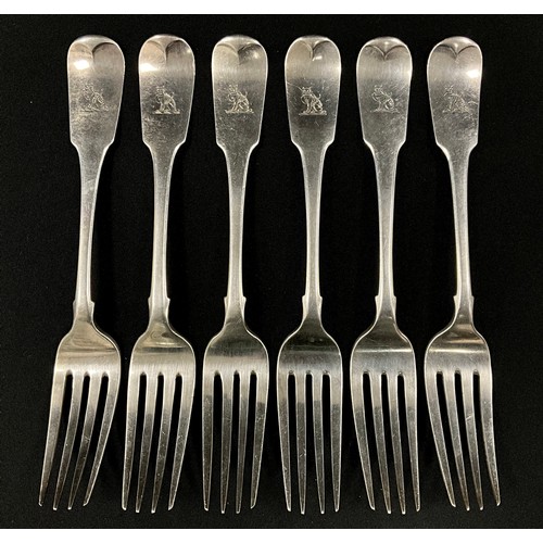 77 - A set of six Irish George III silver fiddle pattern table forks, John Pittar, Dublin 1811, 13.93ozt ... 