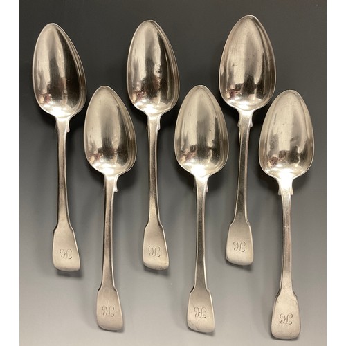 75 - A set of six George III silver fiddle pattern dessert spoons, John King, London 1789, 7.320zt (6)