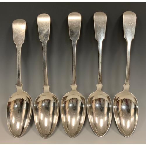 71 - A set of four William IV Scottish silver table spoons, Peter Aitken, Glasgow 1833;  another Jas Arno... 