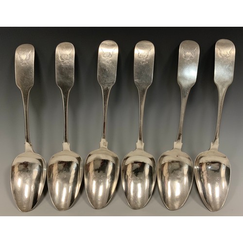 74 - A set of six George III Irish silver table spoons, each with winged heart crest, Elizabeth Bainbridg... 