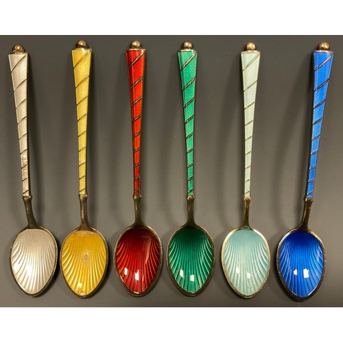 73 - A set of six Anton Hansen Danish enamelled silver egg spoons, each enamelled in a different colour, ... 