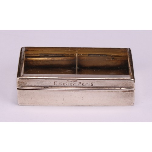 88 - A Victorian silver rectangular stamp box, hinged glazed cover enclosing a gilt interior with two div... 