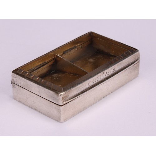 88 - A Victorian silver rectangular stamp box, hinged glazed cover enclosing a gilt interior with two div... 