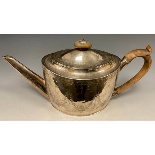 18 - A George III silver teapot, oval body with floral swags and leafy motifs, wooden handle and finial, ... 