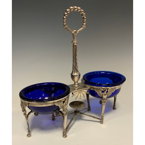 31 - A French Napoleon I silver and blue glass two section table salt, indistinct Paris purity marks, c.1... 