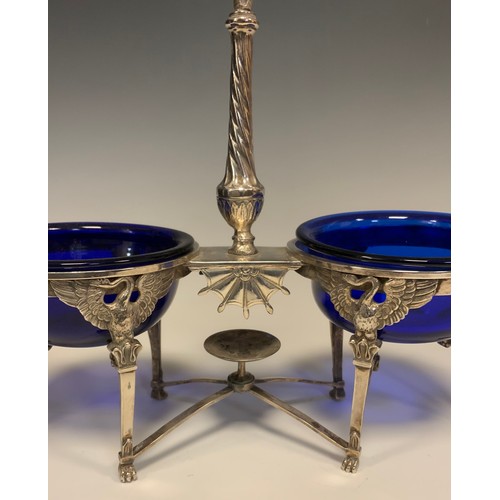 31 - A French Napoleon I silver and blue glass two section table salt, indistinct Paris purity marks, c.1... 