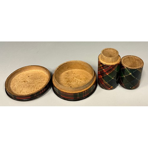 605 - A late 19th century Tartan ware circular pill box, in the Stuart Tartan, 4.1cm diameter;  similar un... 