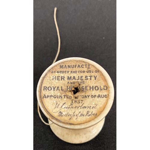 614 - Boxes and objects - A Victorian Raworth Queen Victoria's Royal Household cotton spool, N Sutherland,... 