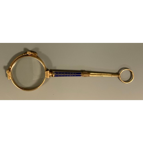 613 - An early 20th century gilt metal and enamel lorgnette, 14cm long, c.1910