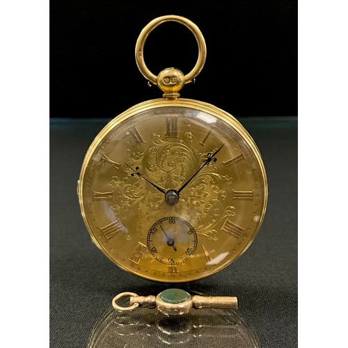 150 - An early Victorian 18ct gold cased open face pocket watch, ornate floral gilt dial, raised Roman num... 