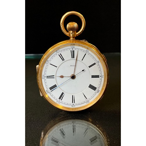 151 - A Victorian 18ct gold cased open face pocket watch, white enamel dial, bold Roman numerals, blue cen... 