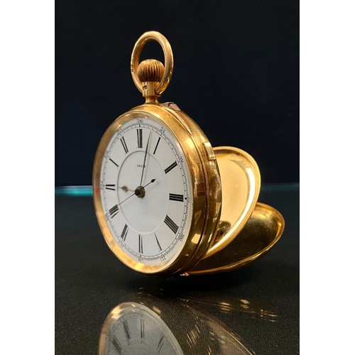 151 - A Victorian 18ct gold cased open face pocket watch, white enamel dial, bold Roman numerals, blue cen... 