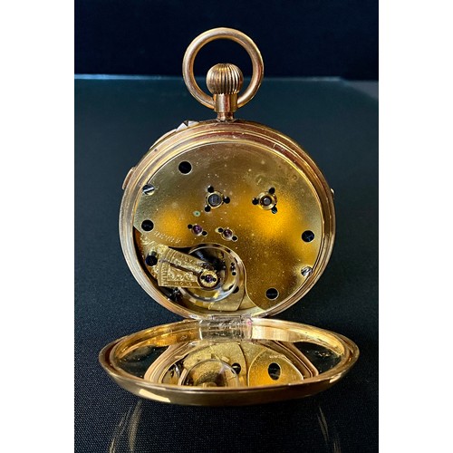 151 - A Victorian 18ct gold cased open face pocket watch, white enamel dial, bold Roman numerals, blue cen... 