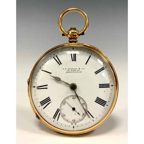 154 - A Victorian 18ct gold open face pocket watch, white enamel dial, signed L N Hobday & Co, 13 New Stre... 