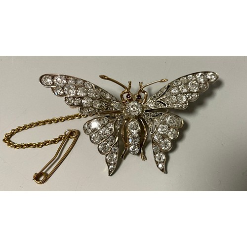 208 - A fine Victorian diamond butterfly brooch, set in gold and silver metal, with ruby cabochon eyes, pa... 