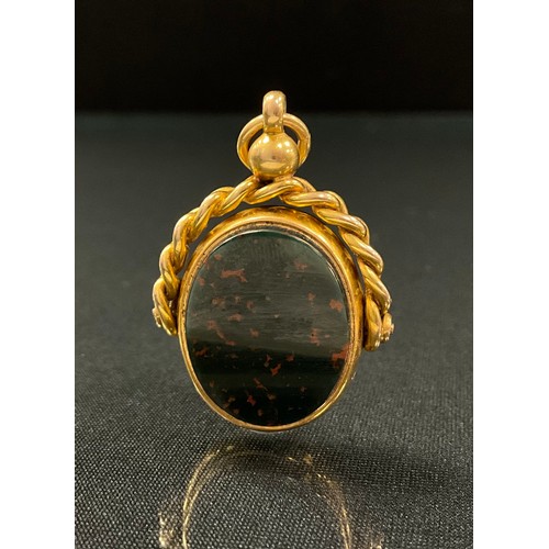 258 - A Victorian 18ct gold mounted swivel fob, bloodstone and carnelian plain matrixes, rope twist suspen... 