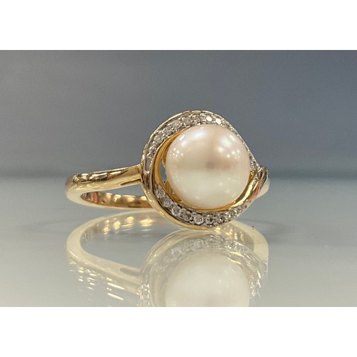 185 - A cultured pearl and diamond half moon cluster ring, central creamy white cultured pearl surrounded ... 