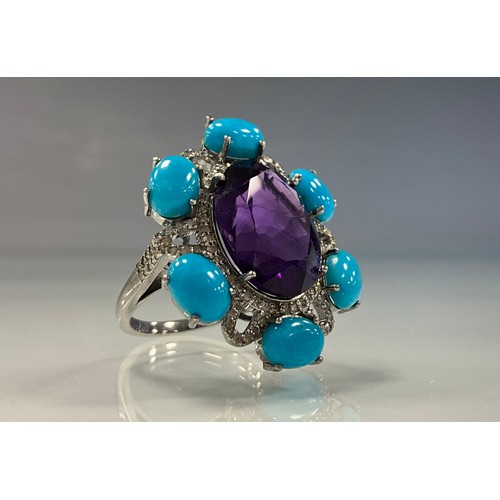 216 - A large amethyst diamond and turquoise floral cluster ring, central oval amethyst approx 8.72ct, six... 