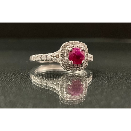 246 - A ruby and diamond ring, cushion cut red ruby approx 0.54ct, within two tier pave diamond encrusted ... 