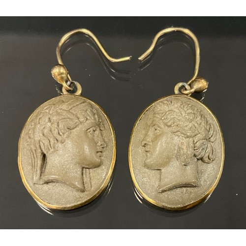 222 - A pair of 19th century oval lava cameo drop earrings, neoclassical portraits, unmarked gold coloured... 