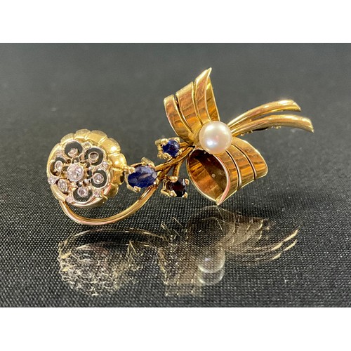 206 - A diamond, sapphire and cultured pearl flower brooch, the head set with seven old and round cut diam... 