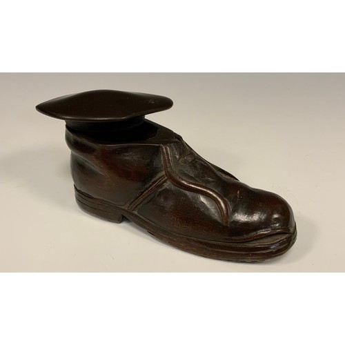 659 - Treen - a mahogany novelty table snuff box, as a boot, 14.5cm long